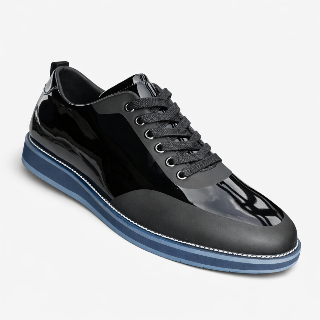 Men's black grey patent leather suede contrast low-top sneakers — Taptan Shop Kenya