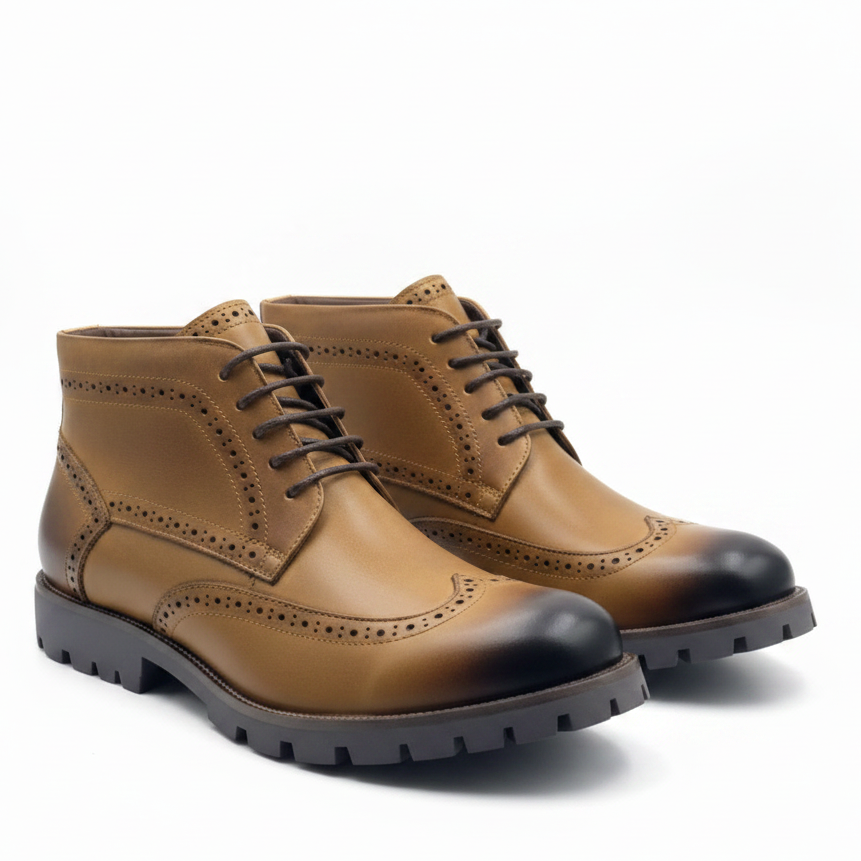 Premium tan leather upper with dark burnished toe finish, brogue detailing, and rugged black lug sole