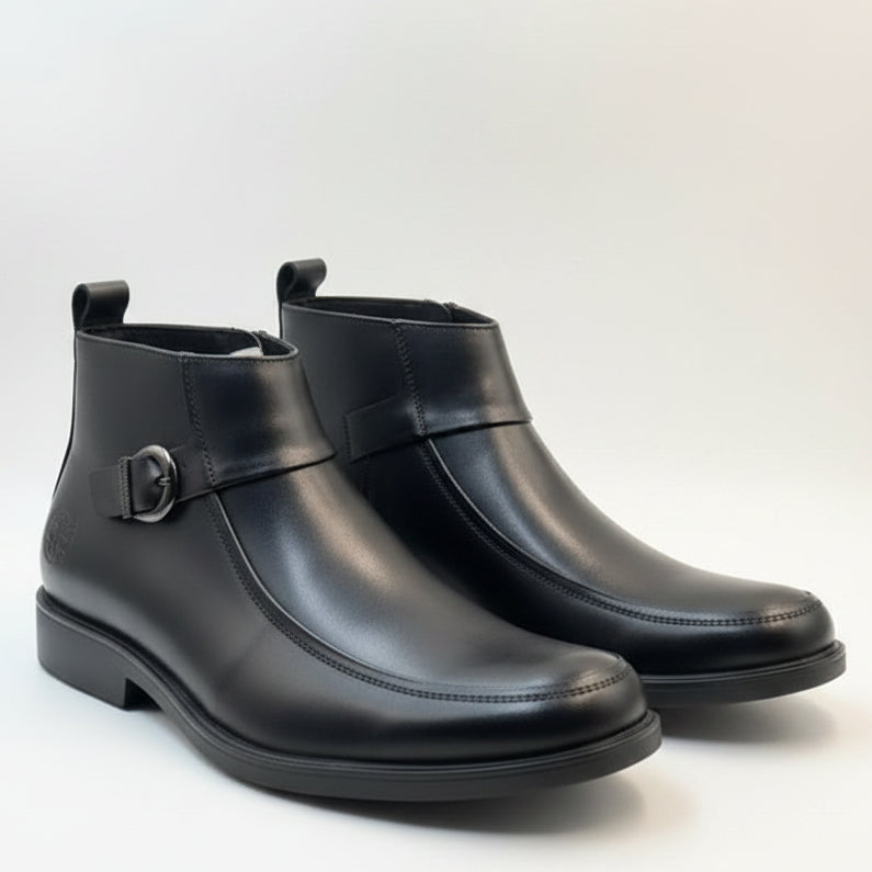Premium smooth black leather upper with matching monk strap buckle detail and elegant formal finish