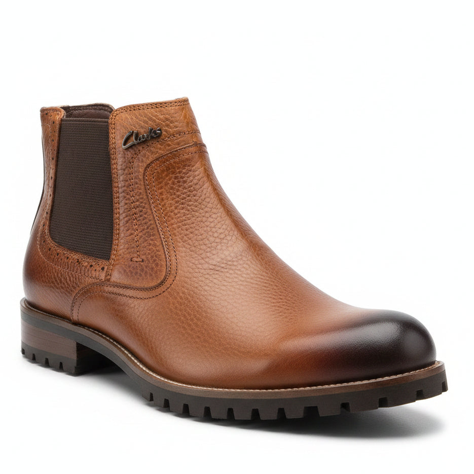 Rich cognac brown leather with burnished toe detailing and black outsole