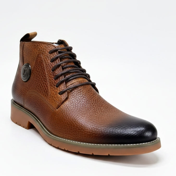 Rich cognac brown pebbled leather with burnished dark toe finish and matching lace-up design
