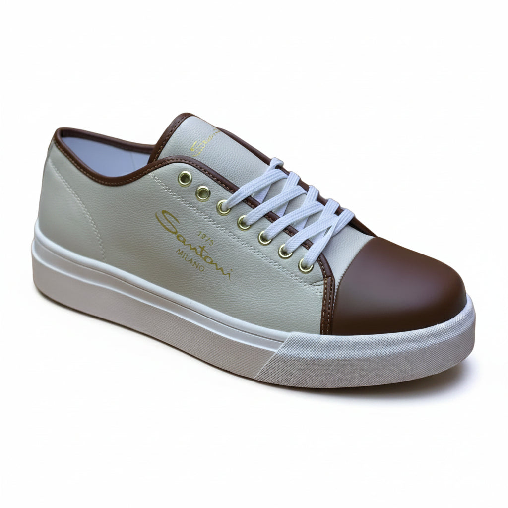 Cream leather upper with brown cap-toe panel & white sole