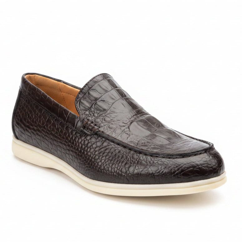 Rich espresso brown croc embossed leather with white platform sole