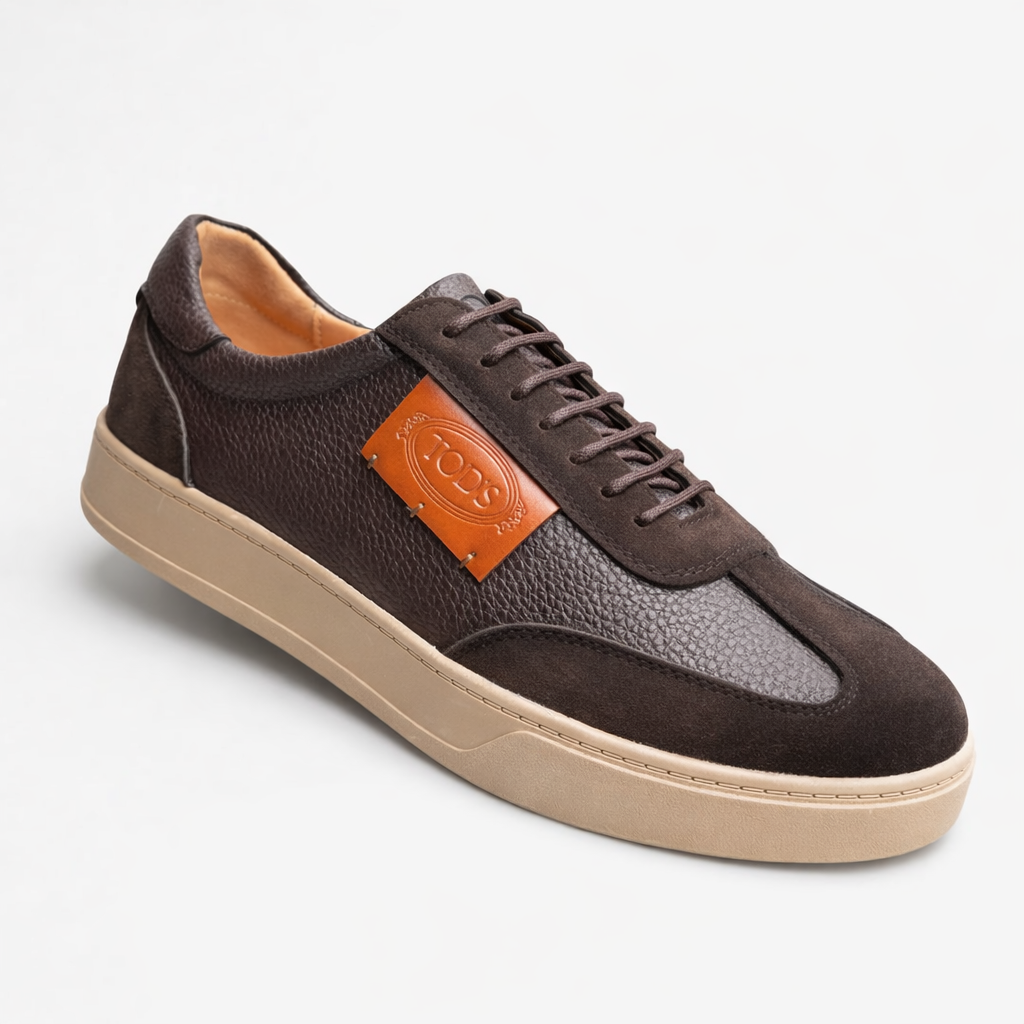 Men's Tod's dark brown leather suede sneakers tan logo patch — Taptan Shop Kenya