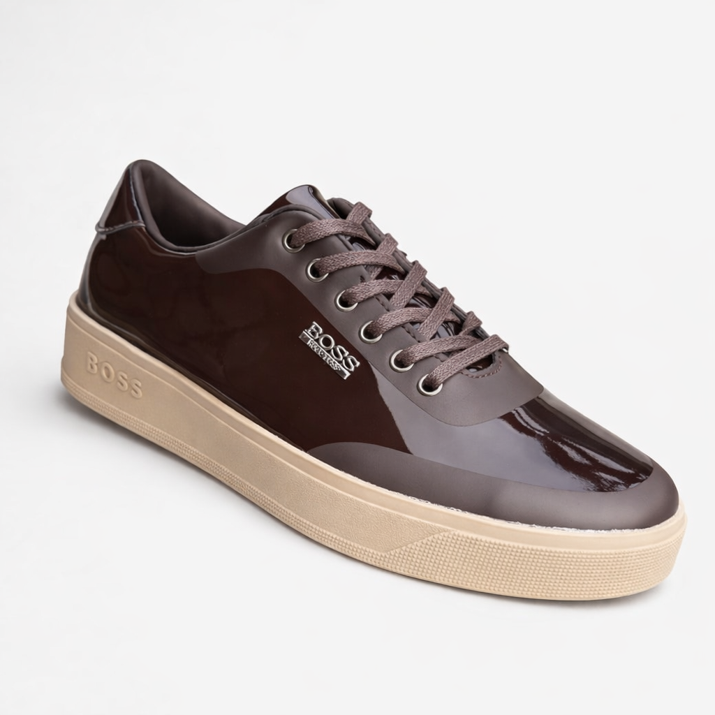 Men's Hugo Boss dark burgundy patent leather sneaker silver badge — Taptan Shop Kenya