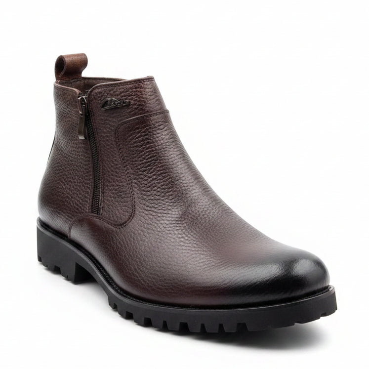 Deep espresso brown pebbled leather upper with burnished toe finish and rugged outsole