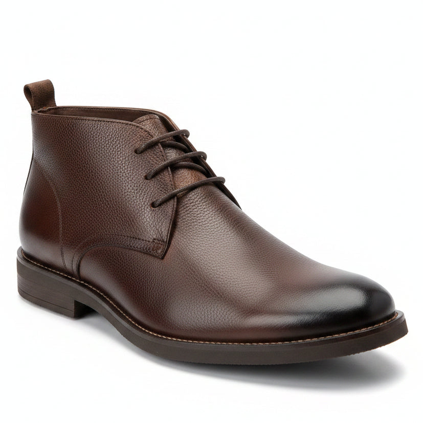 Rich espresso brown pebbled leather upper with elegant burnished toe detailing