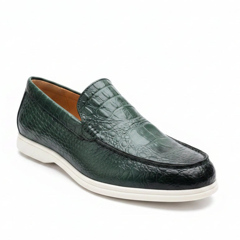 Deep forest green croc embossed leather with white platform sole