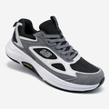 Grey suede & black mesh upper with white midsole & Goodyear sole