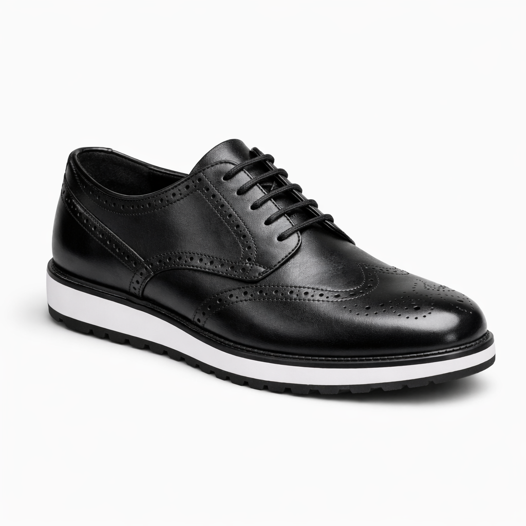 Sleek black smooth shoe with white & black contrast sole
