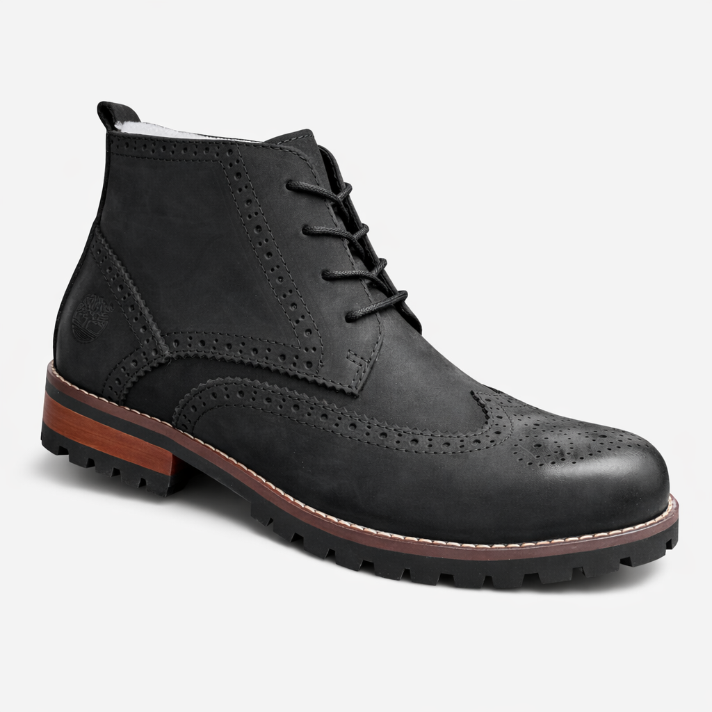 Sleek black nubuck with brown leather rand & black lug sole