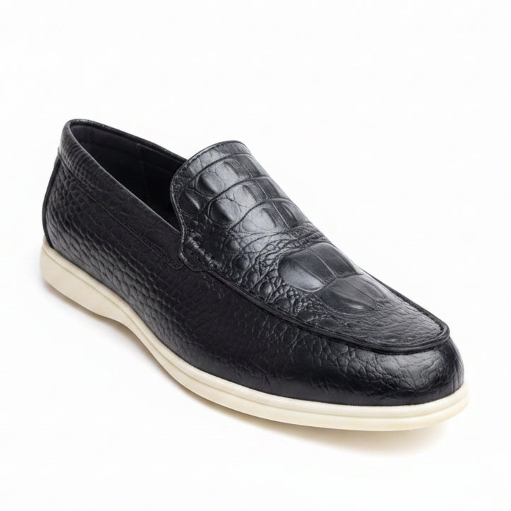 All-over black crocodile embossed leather with white platform sole