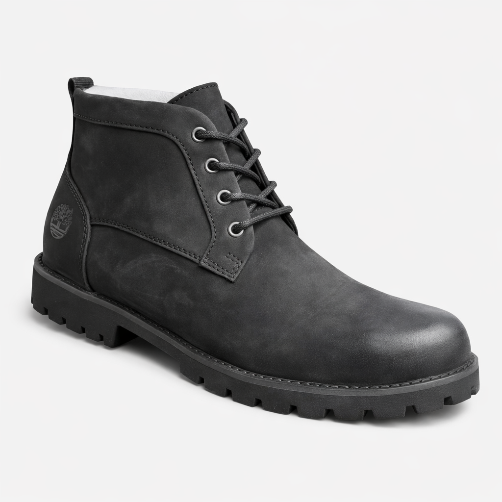 Sleek black nubuck with black lug sole & silver eyelets