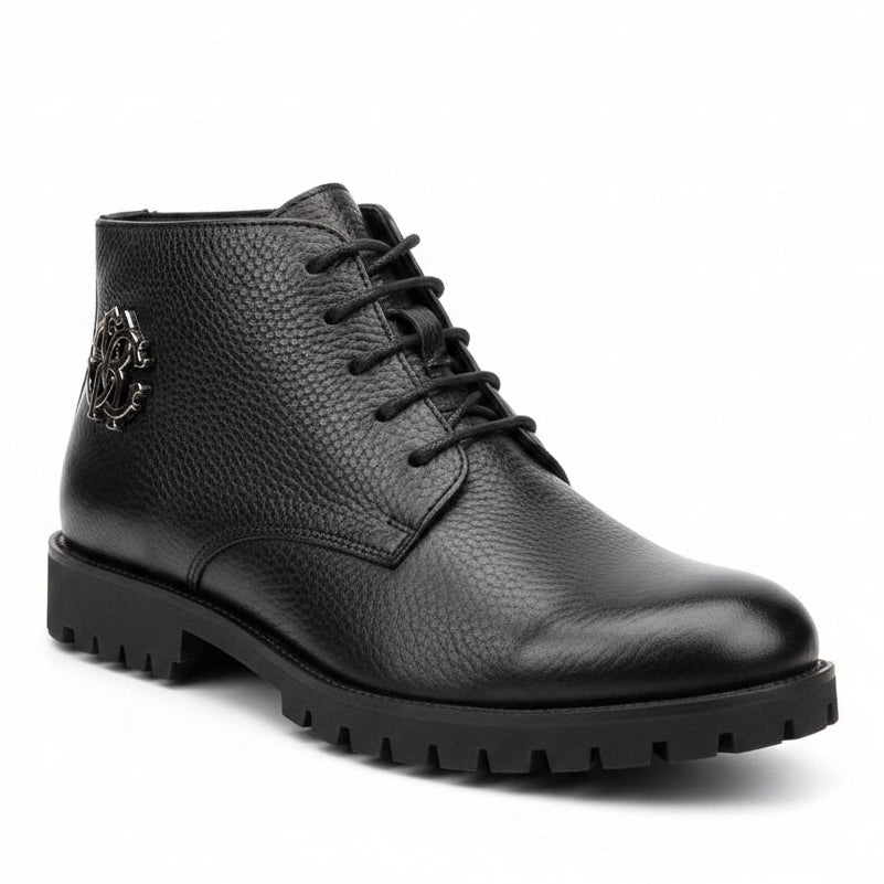 Premium black pebbled leather upper with black metal emblem and rugged black lug outsole