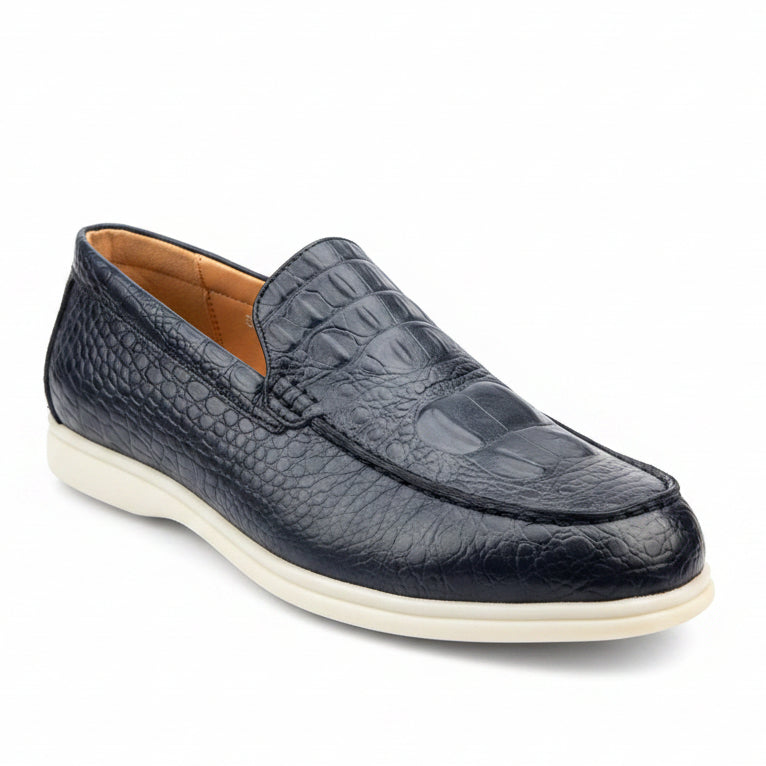 Bold navy blue croc embossed leather with white platform sole