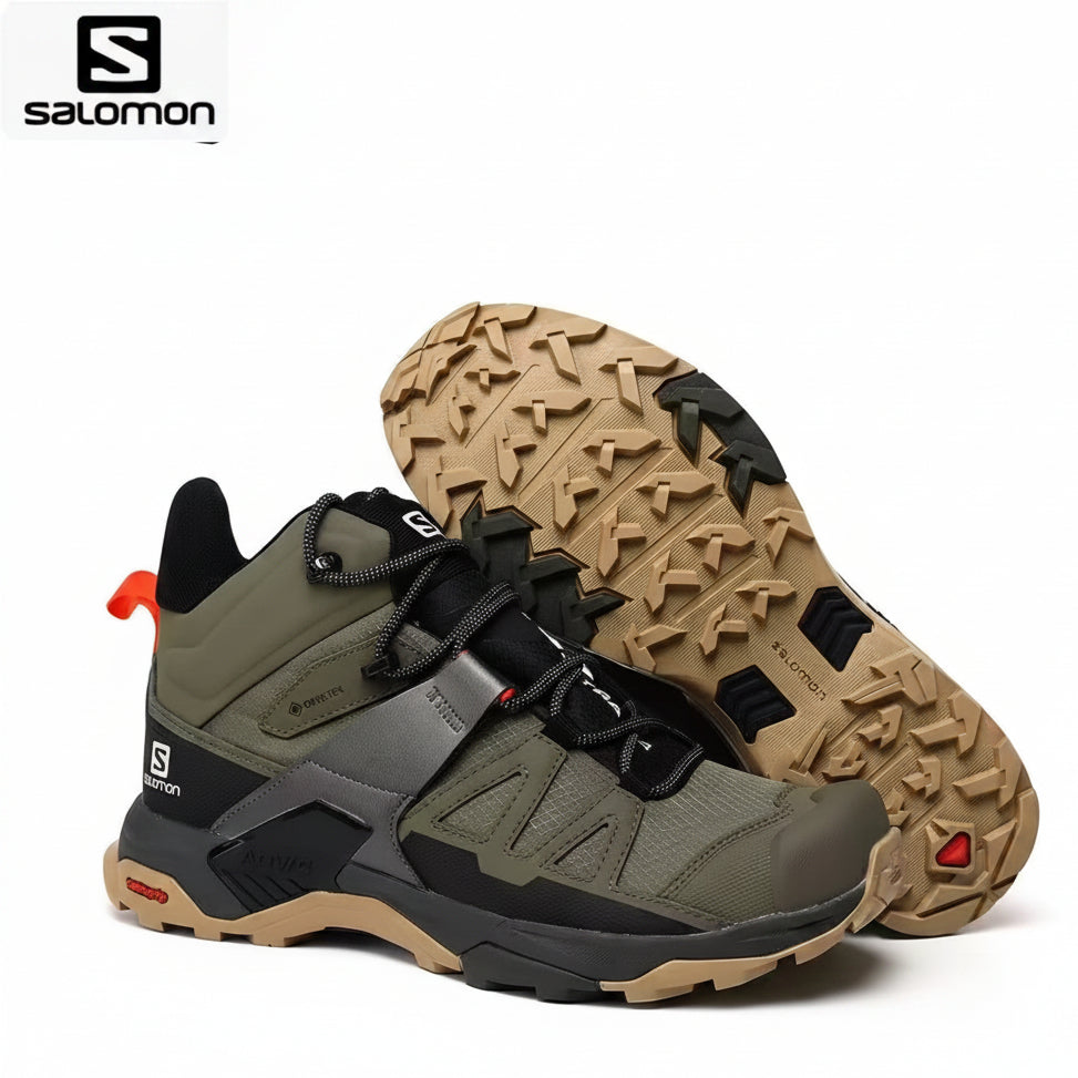 Military-inspired olive green upper with black overlays and tan trail outsole
