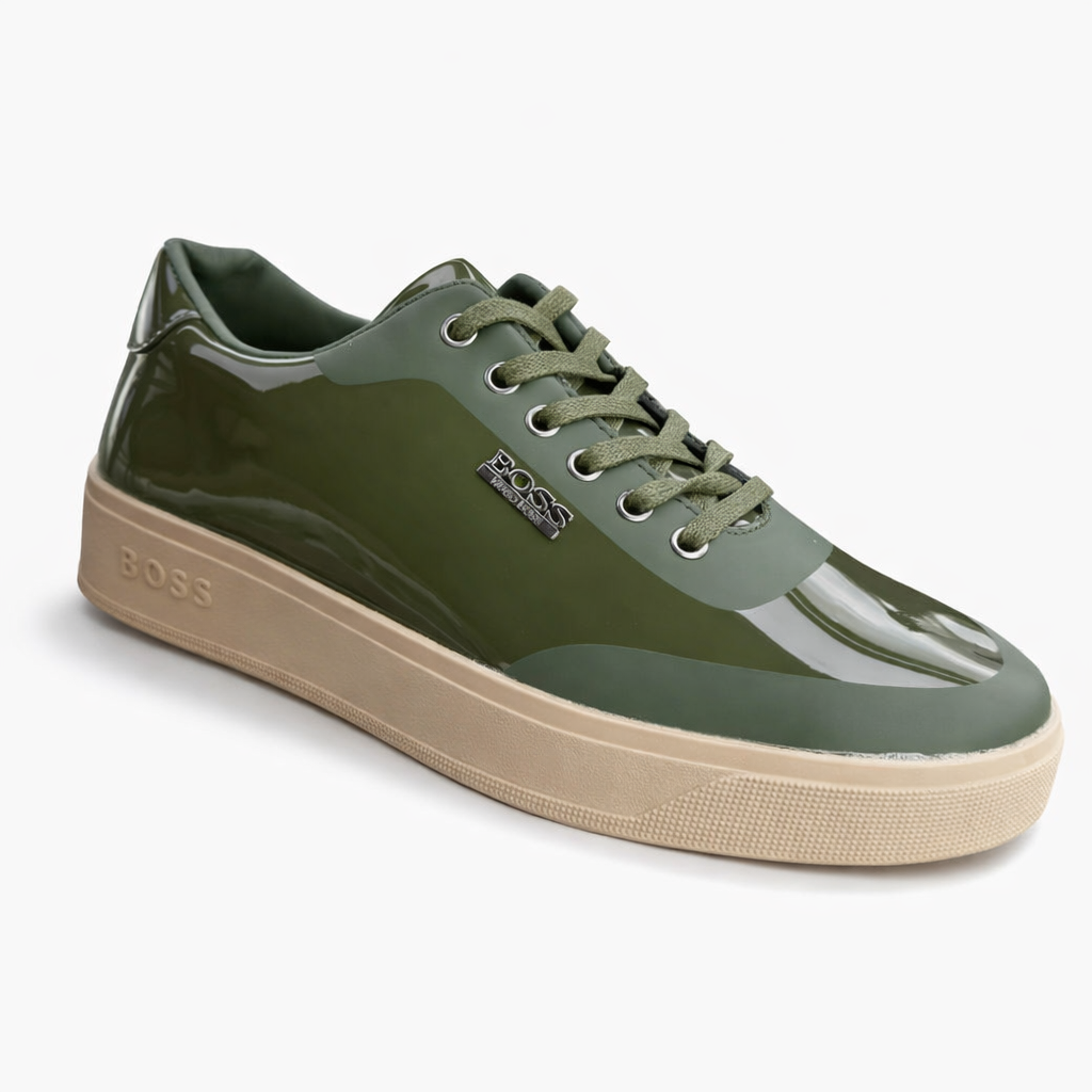 Men's Hugo Boss olive green patent leather sneaker gum sole — Taptan Shop Kenya