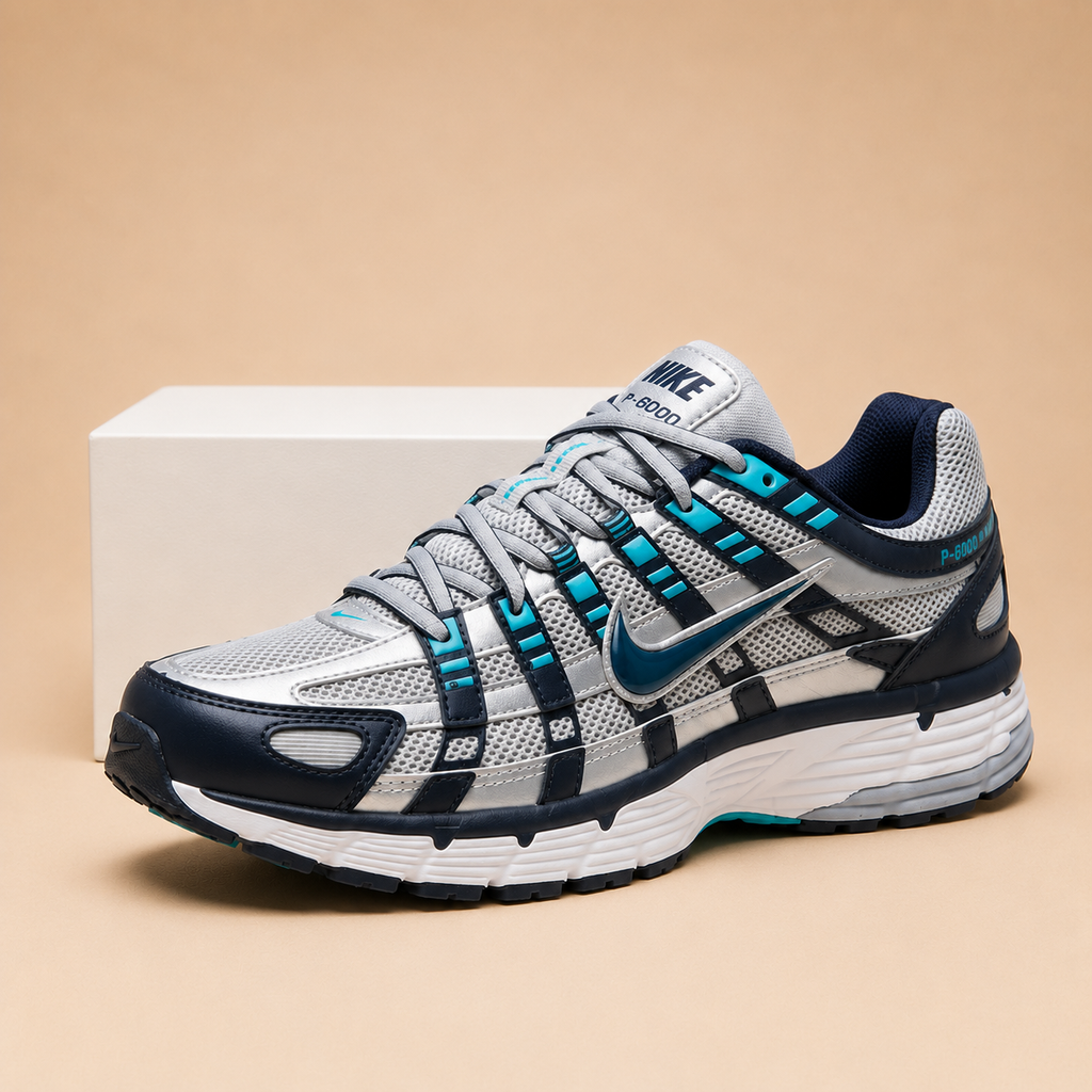 Grey mesh upper with navy TPU overlays & light blue accent detailing