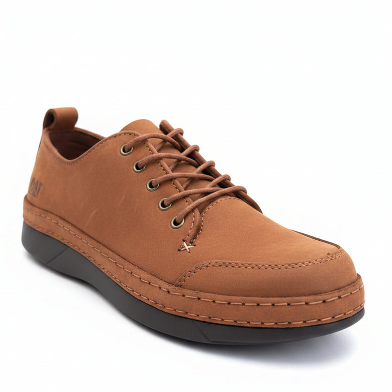 Warm tan nubuck with contrast stitching & dark brown sole