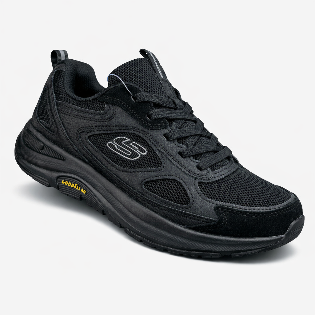 All-black mesh & suede upper with black midsole & Goodyear sole