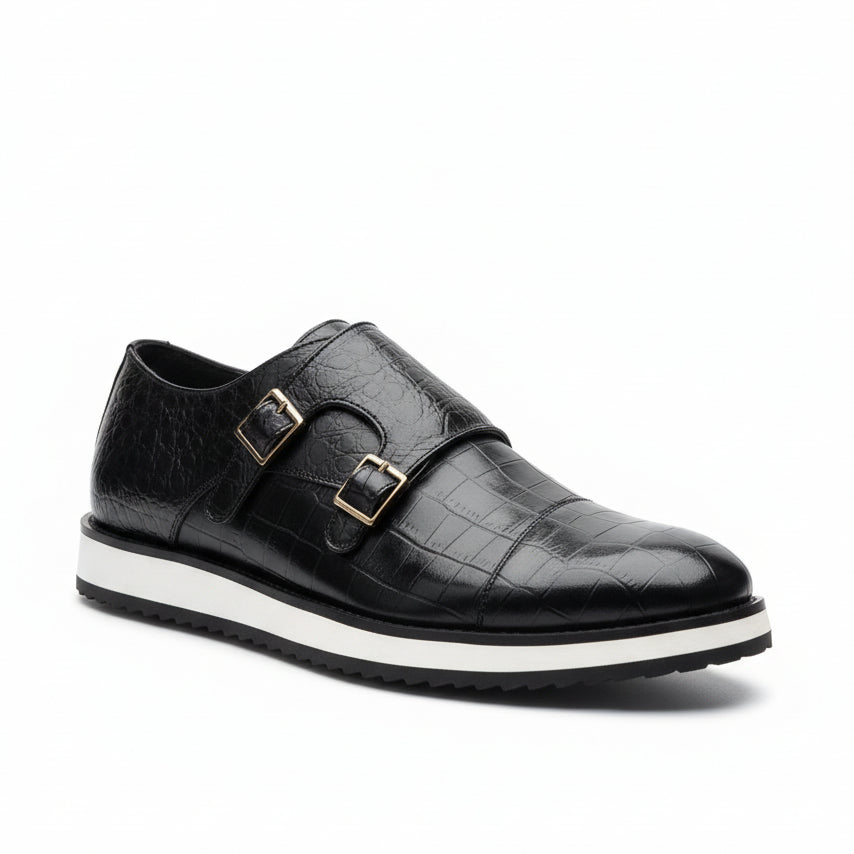 Luxury Double Monk Strap Leather Shoes – Textured Smart Casual & Formal Dress Sneakers_SSNGVKD_01